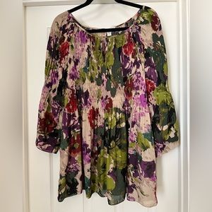 Flowy Peasant Floral Abstract Blouse Stretchy Bodice~Size 2X